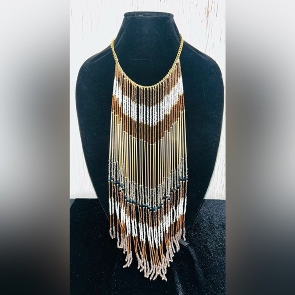 Dramatic Boho Beaded Fringe Bib Statement Necklace Brown White Gold‎  Festival